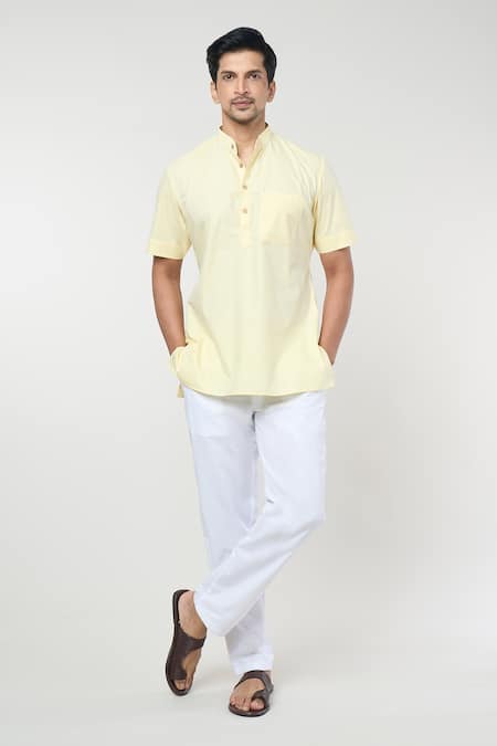 RNG Safawala Yellow Cotton Plain Mandarin Collar Short Kurta Set 