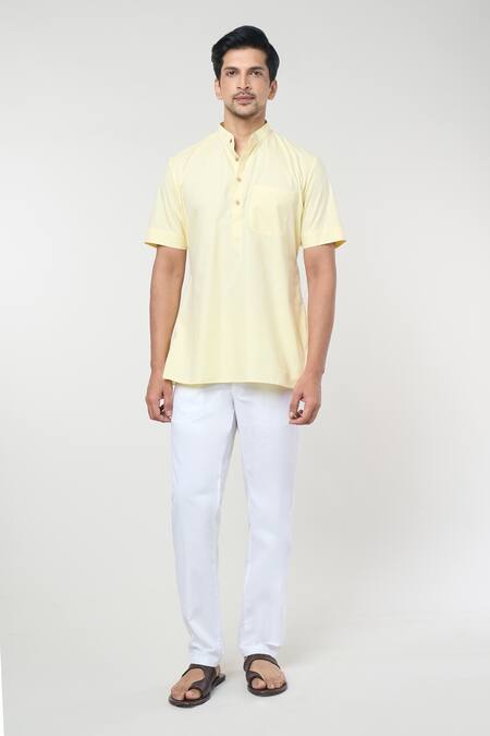 Rng Safawala Yellow Cotton Mandarin Collar Short Kurta Set Online at Aza Fashions Rng Safawala_Yellow Cotton Mandarin Collar Short Kurta Set _Online_at_Aza_Fashions