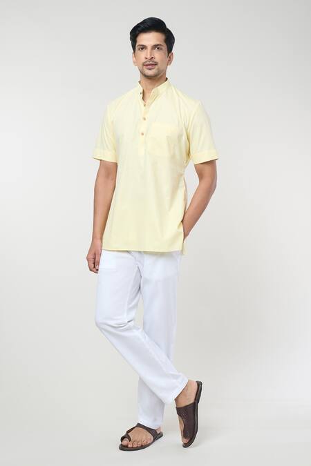 Buy Rng Safawala Yellow Cotton Mandarin Collar Short Kurta Set Online at Aza Fashions Buy_Rng Safawala_Yellow Cotton Mandarin Collar Short Kurta Set _Online_at_Aza_Fashions