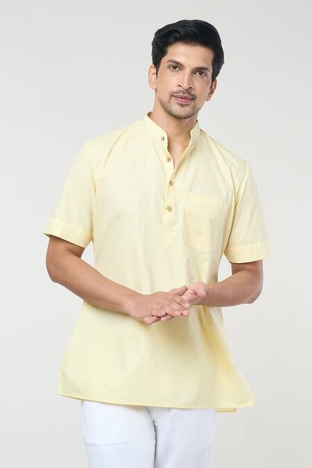 Shop Rng Safawala Yellow Cotton Mandarin Collar Short Kurta Set Online at Aza Fashions Shop_Rng Safawala_Yellow Cotton Mandarin Collar Short Kurta Set _Online_at_Aza_Fashions