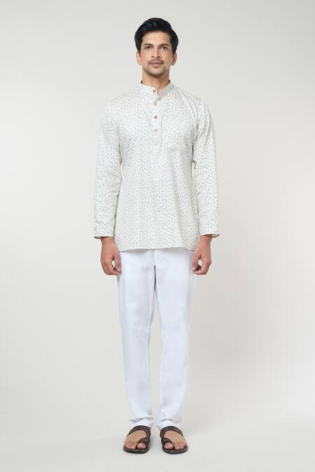 Rng Safawala_Cream Cotton Embroidery Floral Print Short Kurta Set _Online_at_Aza_Fashions