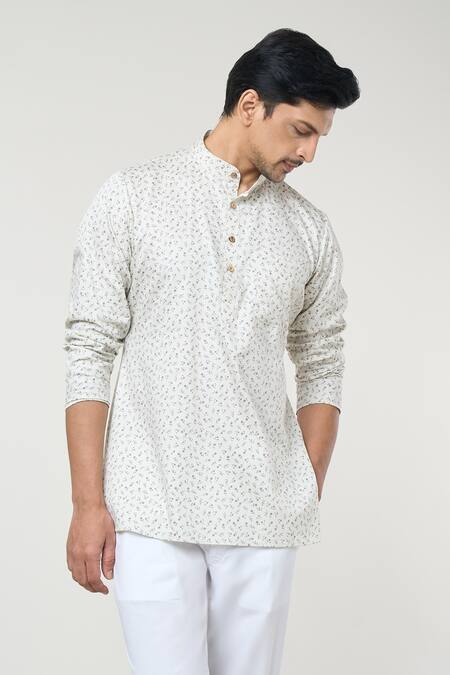Shop_Rng Safawala_Cream Cotton Embroidery Floral Print Short Kurta Set _Online_at_Aza_Fashions