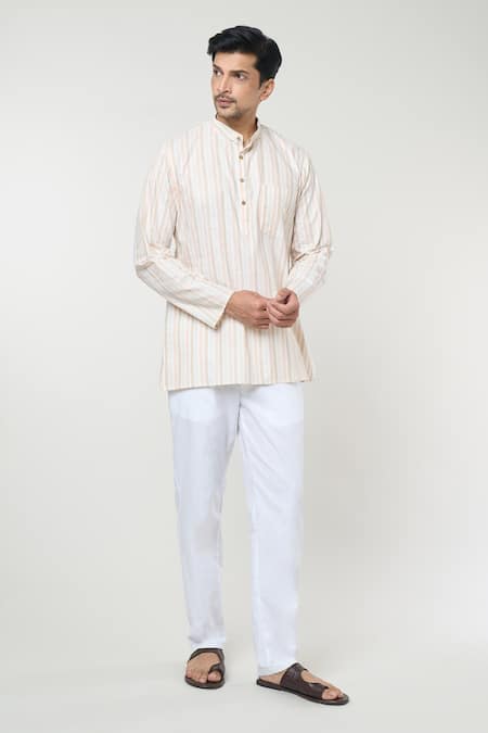 Buy_Rng Safawala_Beige Cotton Linear Print Kurta Set _Online_at_Aza_Fashions