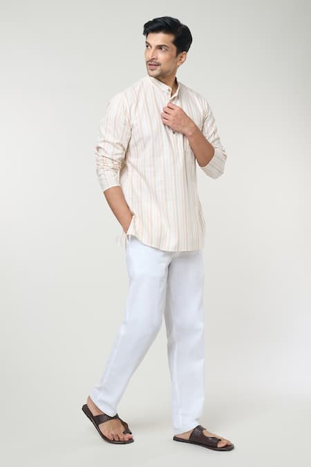 Shop_Rng Safawala_Beige Cotton Linear Print Kurta Set _Online_at_Aza_Fashions