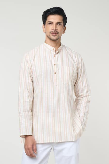 Rng Safawala_Beige Cotton Linear Print Kurta Set _at_Aza_Fashions