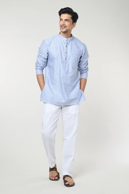 RNG Safawala Blue Cotton Printed Stripe Kurta Set 