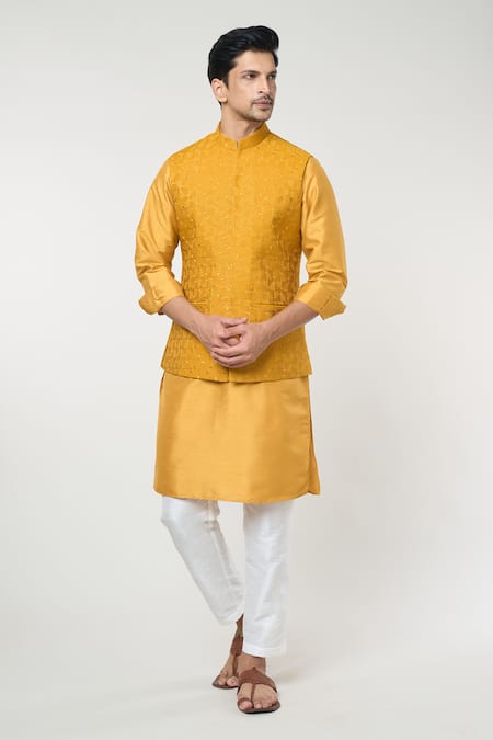 RNG Safawala Yellow Raw Silk Embroidery Thread Bundi And Kurta Set 