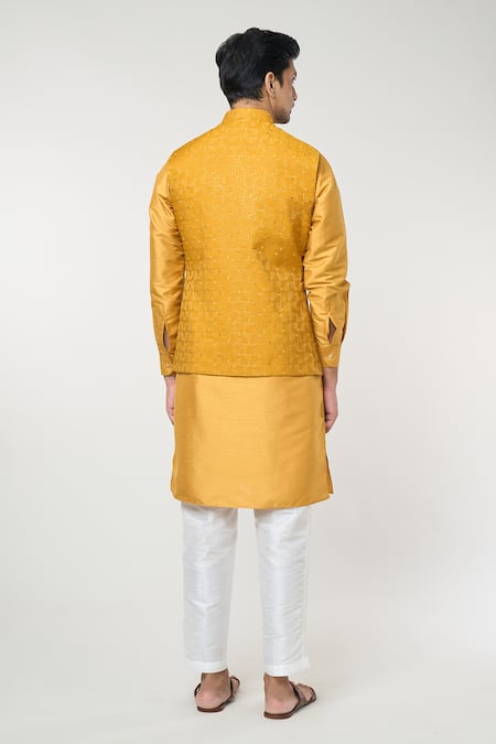 Shop Rng Safawala Yellow Silk, Cotton Embroidery Mustard Thread Bundi And Kurta Set at Aza Fashions Shop_Rng Safawala_Yellow Silk, Cotton Embroidery Mustard Thread Bundi And Kurta Set _at_Aza_Fashions