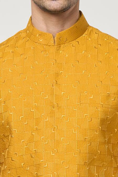 Shop Rng Safawala Yellow Silk, Cotton Embroidery Mustard Thread Bundi And Kurta Set Online at Aza Fashions Shop_Rng Safawala_Yellow Silk, Cotton Embroidery Mustard Thread Bundi And Kurta Set _Online_at_Aza_Fashions