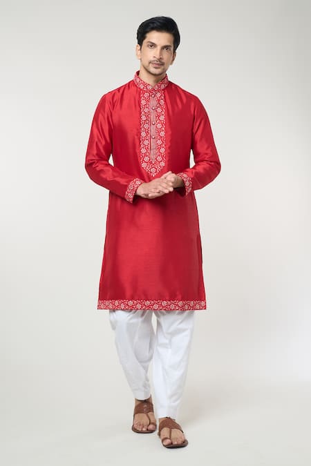 RNG Safawala Red Cotton Silk Embroidery Thread Floral Kurta Set 