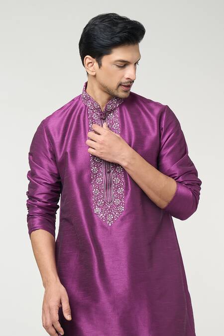 Rng Safawala_Purple , Satin Sequins Thread And Embroidered Kurta Set _at_Aza_Fashions