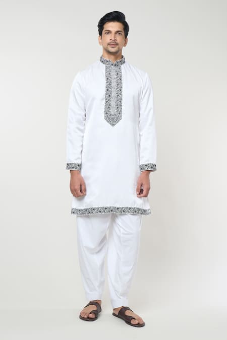 Buy_Rng Safawala_White Cotton Sequins, Embroidery Floral Placket Kurta Set _Online_at_Aza_Fashions