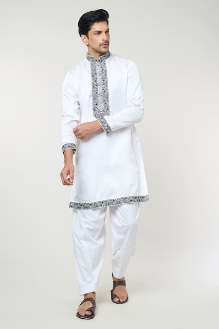 Shop_Rng Safawala_White Cotton Sequins, Embroidery Floral Placket Kurta Set _Online_at_Aza_Fashions