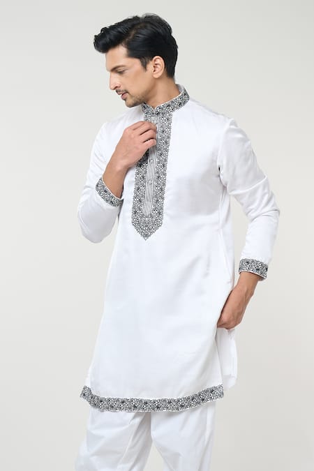 Rng Safawala_White Cotton Sequins, Embroidery Floral Placket Kurta Set _at_Aza_Fashions