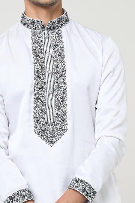 Buy_Rng Safawala_White Cotton Sequins, Embroidery Floral Placket Kurta Set 