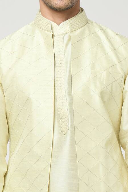 Buy_Rng Safawala_Green Silk, Cotton Diamond Pattern Pintuck Bundi Set _Online_at_Aza_Fashions