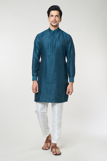 Rng Safawala Blue Silk, Cotton Diamond Pintuck Bundi And Kurta Set Online at Aza Fashions Rng Safawala_Blue Silk, Cotton Diamond Pintuck Bundi And Kurta Set _Online_at_Aza_Fashions