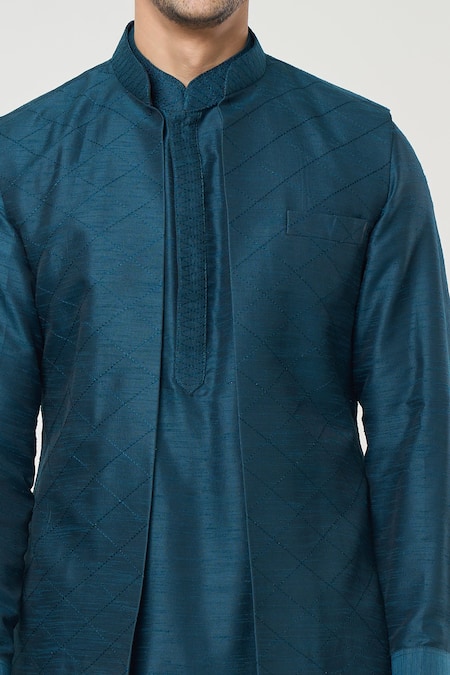 Buy Rng Safawala Blue Silk, Cotton Diamond Pintuck Bundi And Kurta Set Online at Aza Fashions Buy_Rng Safawala_Blue Silk, Cotton Diamond Pintuck Bundi And Kurta Set _Online_at_Aza_Fashions