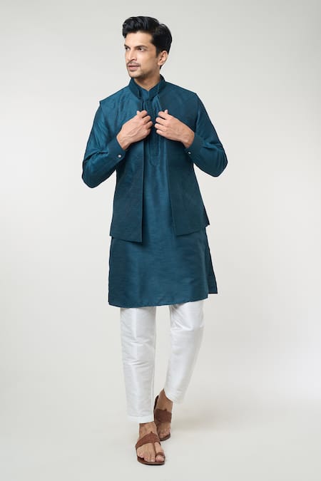 Shop Rng Safawala Blue Silk, Cotton Diamond Pintuck Bundi And Kurta Set Online at Aza Fashions Shop_Rng Safawala_Blue Silk, Cotton Diamond Pintuck Bundi And Kurta Set _Online_at_Aza_Fashions