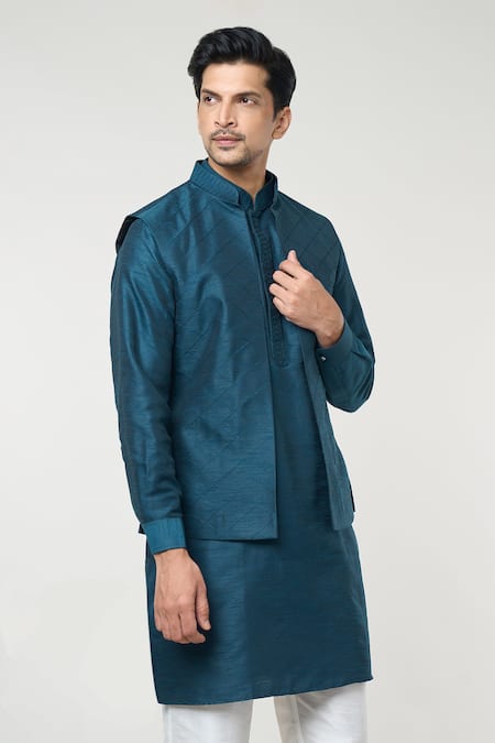 Rng Safawala Blue Silk, Cotton Diamond Pintuck Bundi And Kurta Set at Aza Fashions Rng Safawala_Blue Silk, Cotton Diamond Pintuck Bundi And Kurta Set _at_Aza_Fashions