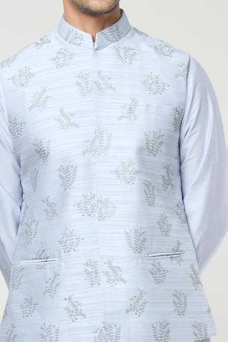 Buy Rng Safawala Blue Silk, Cotton Sequins, Embroidery Floral Bundi And Kurta Set Online at Aza Fashions Buy_Rng Safawala_Blue Silk, Cotton Sequins, Embroidery Floral Bundi And Kurta Set_Online_at_Aza_Fashions