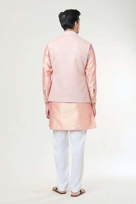 Shop_Rng Safawala_Peach Georgette, , Satin Embroidery Thread Bundi And Kurta Set _at_Aza_Fashions