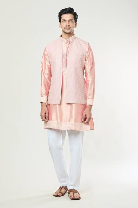 Shop_Rng Safawala_Peach Georgette, , Satin Embroidery Thread Bundi And Kurta Set _Online_at_Aza_Fashions