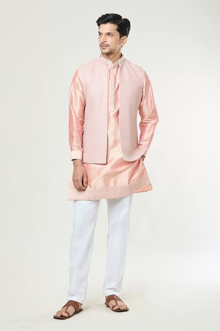 Rng Safawala_Peach Georgette, , Satin Embroidery Thread Bundi And Kurta Set _at_Aza_Fashions