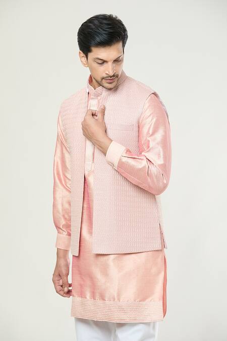 Buy_Rng Safawala_Peach Georgette, , Satin Embroidery Thread Bundi And Kurta Set 