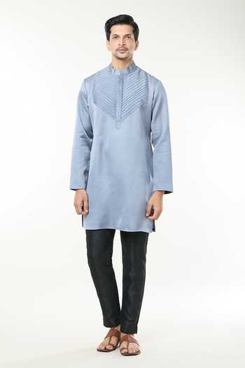 Rng Safawala_Grey Cotton, Silk, Modal Pintuck Kurta Set _Online_at_Aza_Fashions