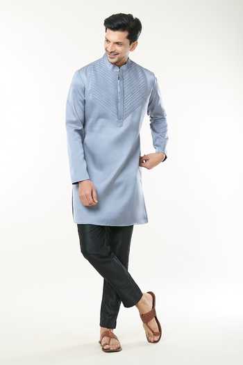 Buy_Rng Safawala_Grey Cotton, Silk, Modal Pintuck Kurta Set _Online_at_Aza_Fashions
