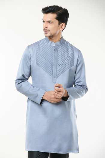 Shop_Rng Safawala_Grey Cotton, Silk, Modal Pintuck Kurta Set _Online_at_Aza_Fashions