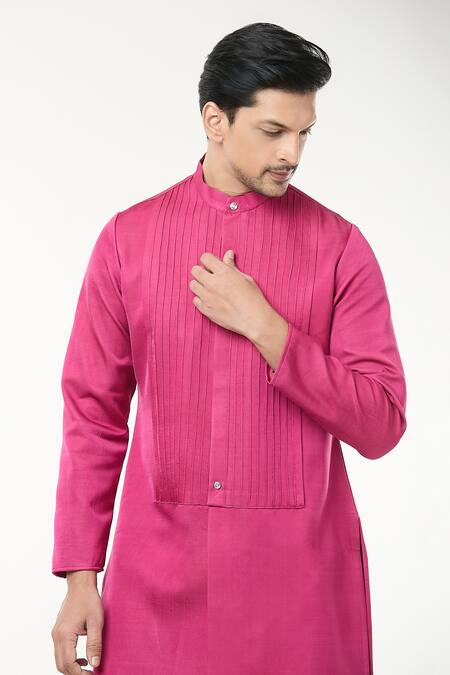 Rng Safawala_Fuchsia Modal Silk Plain Pintuck Kurta And Pant Set _at_Aza_Fashions