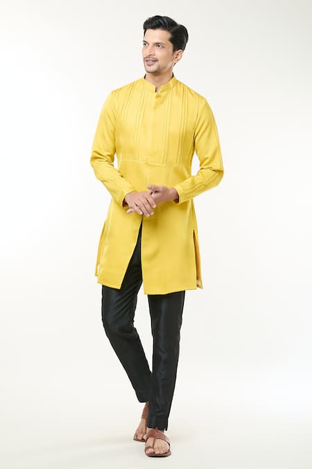 RNG Safawala Yellow Modal Silk Plain Pintuck Straight Kurta And Pant Set 