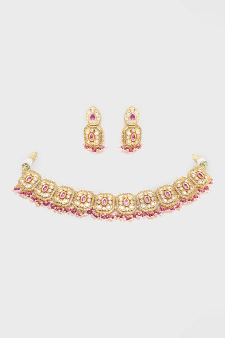 Zevar By Geeta Pink Pearls, Stones Quad Bloom Kundan Polki Embellished Choker Set