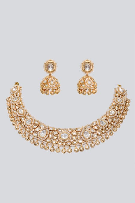 Zevar By Geeta Gold Plated Zari Carol Bloom Kundan Polki Embellished Necklace Set