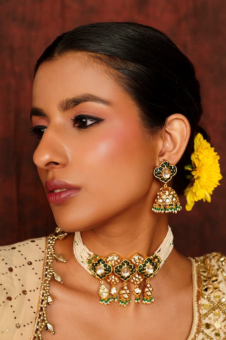 Zevar By Geeta Green Petal Bloom Kundan Polki Embellished Choker Set 