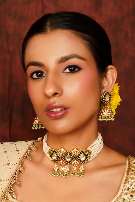 Zevar By Geeta Green Petal Bloom Kundan Polki Embellished Choker Set Online at Aza Fashions Zevar By Geeta_Green Petal Bloom Kundan Polki Embellished Choker Set _Online_at_Aza_Fashions