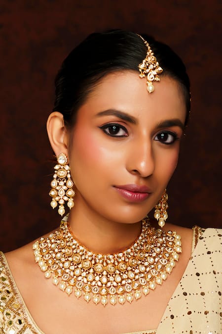 Zevar By Geeta Gold Plated Pearls, Piping Ferna Shine Kundan Polki Embellished Necklace Set