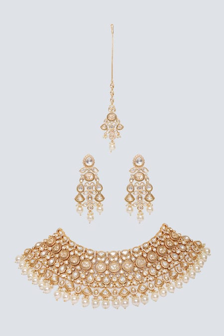 Shop Zevar By Geeta Gold Plated Pearls, Piping Ferna Shine Kundan Polki Embellished Necklace Set at Aza Fashions Shop_Zevar By Geeta_Gold Plated Pearls, Piping Ferna Shine Kundan Polki Embellished Necklace Set _at_Aza_Fashions