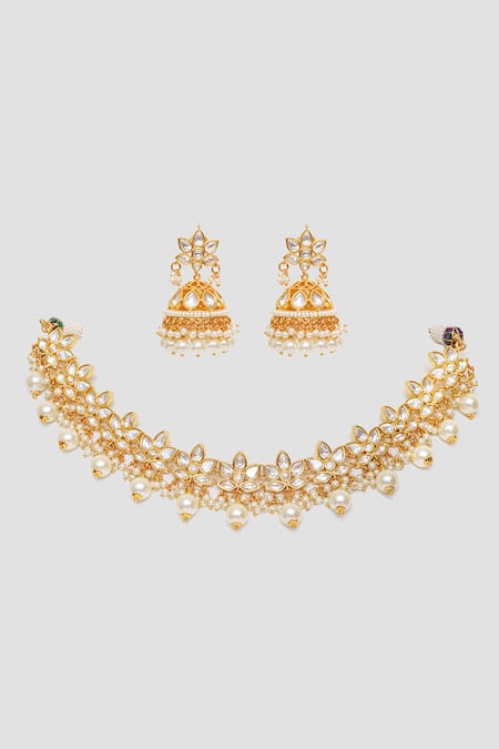 Zevar By Geeta Gold Plated Pearls, Glorious Padma Gaze Kundan And Polki Embellished Necklace Set 