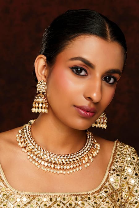 Zevar By Geeta_Gold Plated Pearls, Stones Hexagon Jaal Kundan And Polki Embellished Necklace Set _Online_at_Aza_Fashions