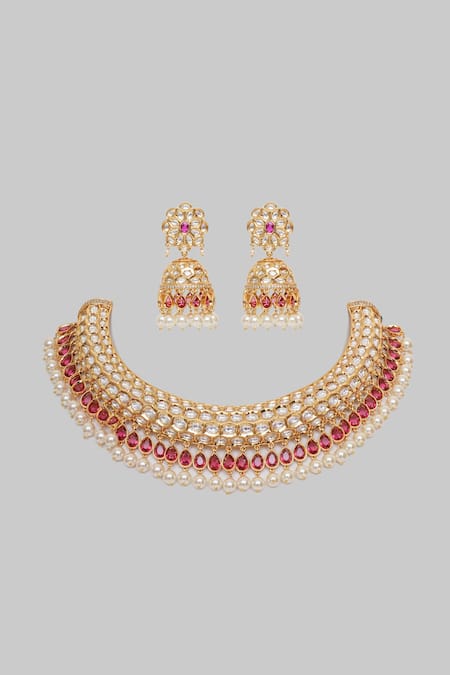 Shop Zevar By Geeta Red Pearls, Diamonds, Stones Asyrah Jaal Kundan And Polki Embellished Necklace Set at Aza Fashions Shop_Zevar By Geeta_Red Pearls, Diamonds, Stones Asyrah Jaal Kundan And Polki Embellished Necklace Set _at_Aza_Fashions