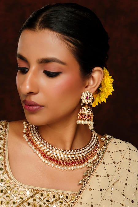 Zevar By Geeta Red Pearls, Diamonds, Stones Asyrah Jaal Kundan And Polki Embellished Necklace Set Online at Aza Fashions Zevar By Geeta_Red Pearls, Diamonds, Stones Asyrah Jaal Kundan And Polki Embellished Necklace Set _Online_at_Aza_Fashions