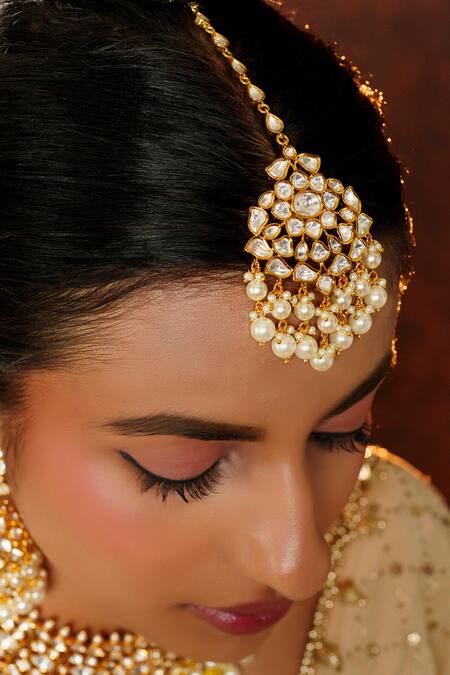 Zevar By Geeta_Gold Plated Pearls, Piping, Lara Bloom Kundan And Polki Embellished Necklace Set _Online_at_Aza_Fashions