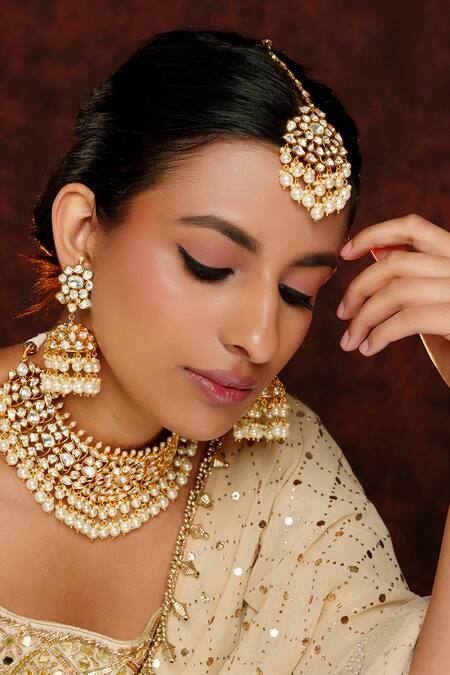 Buy_Zevar By Geeta_Gold Plated Pearls, Piping, Lara Bloom Kundan And Polki Embellished Necklace Set _Online_at_Aza_Fashions