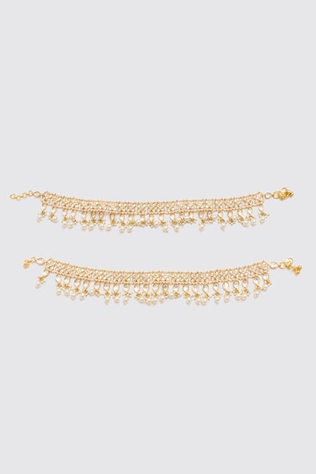 Shop Zevar By Geeta Gold Plated Pearls, Piping Gleaming Flora Vine Kundan Polki Anklets at Aza Fashions Shop_Zevar By Geeta_Gold Plated Pearls, Piping Gleaming Flora Vine Kundan Polki Anklets _at_Aza_Fashions