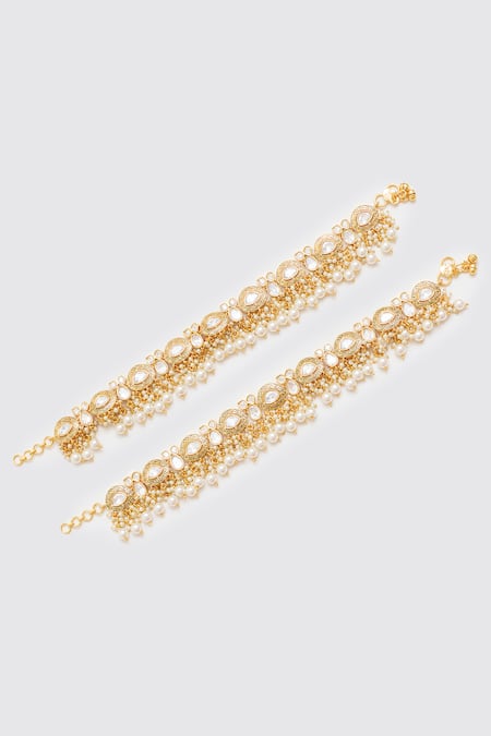 Shop Zevar By Geeta Gold Plated Pearls Quad Floret Kundan Polki Anklets at Aza Fashions Shop_Zevar By Geeta_Gold Plated Pearls Quad Floret Kundan Polki Anklets _at_Aza_Fashions