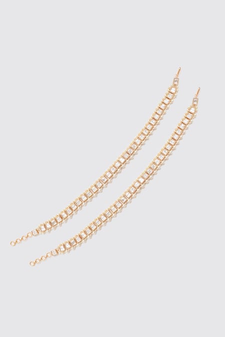 Shop Zevar By Geeta Gold Plated Pearls Quad Cube Kundan Polki Anklets at Aza Fashions Shop_Zevar By Geeta_Gold Plated Pearls Quad Cube Kundan Polki Anklets _at_Aza_Fashions
