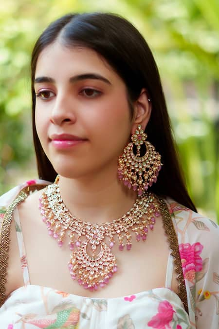 Zevar by Geeta Pink Kundan Floral Studded Necklace Set 